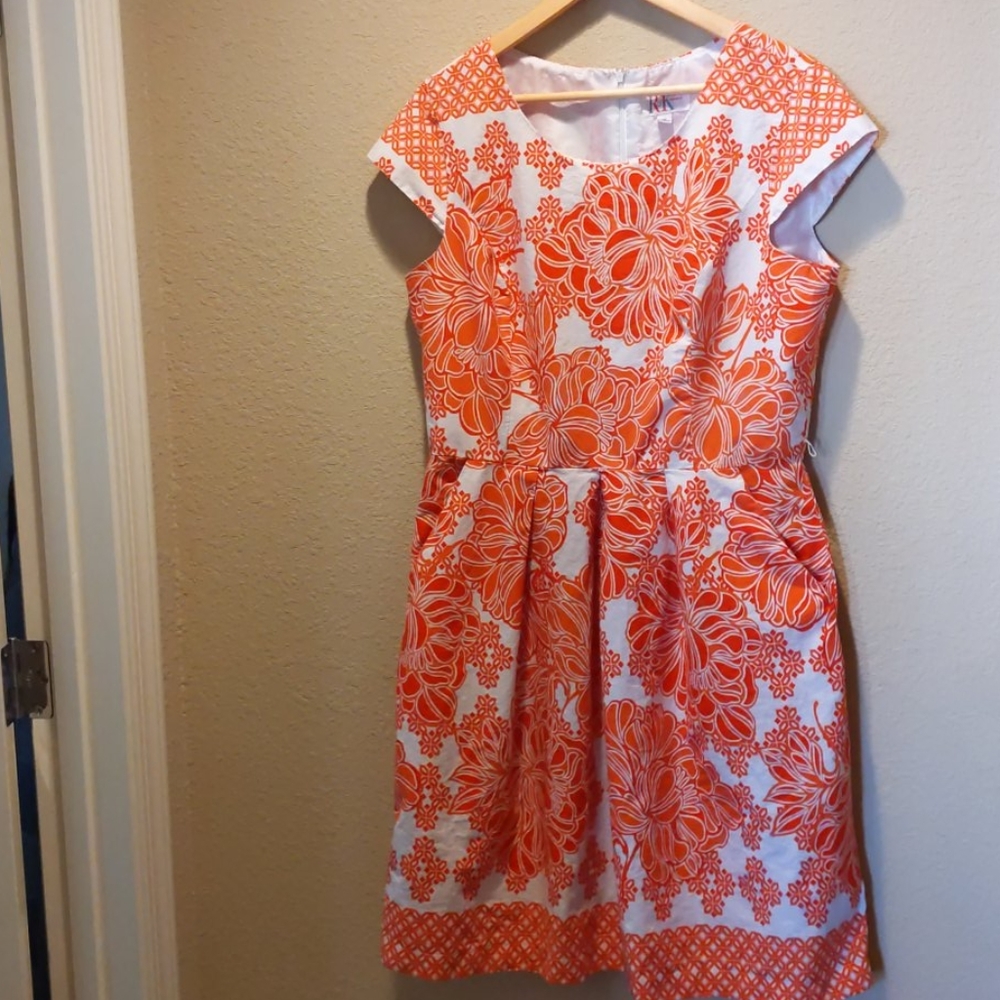 Orange print dress, R&K originals, sz16